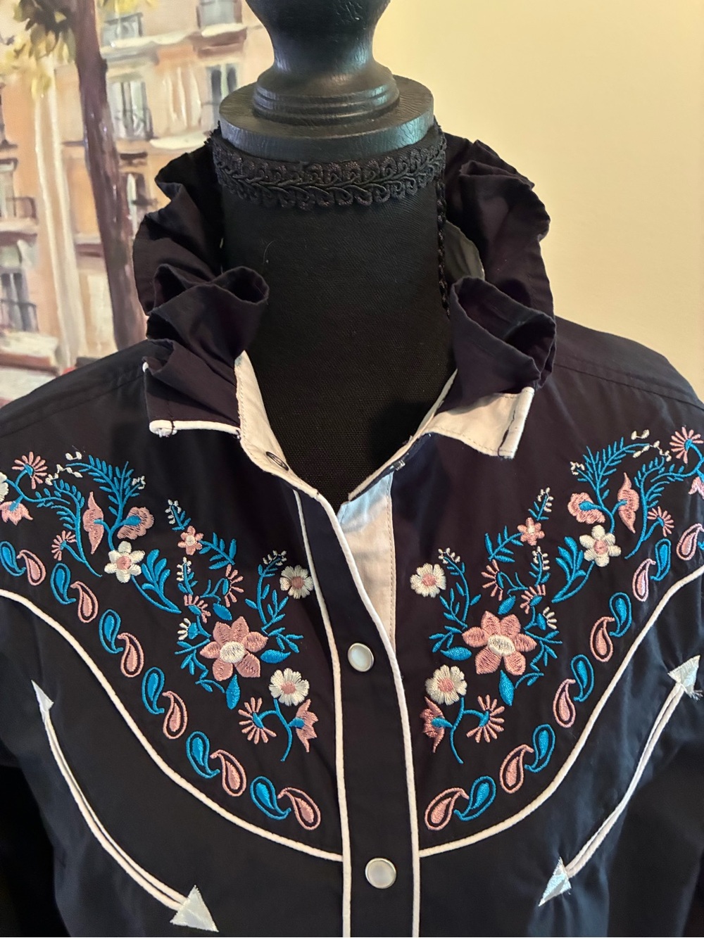 Embroidered Ruffle Collar Black Button-Down Women's Shirt